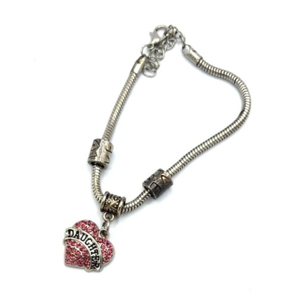 Red Crystal Heart Daughter Charm On Rope Chain Bracelet - Love Spacer Beads - Picture 1 of 3